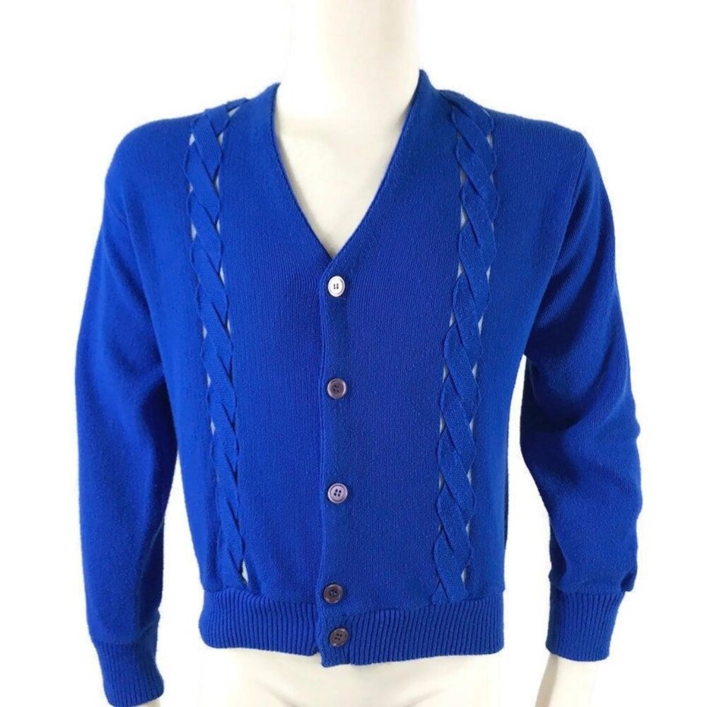 Vintage 60s 70s Mens Cardigan Blue Braided Golf Grandpa Sweater